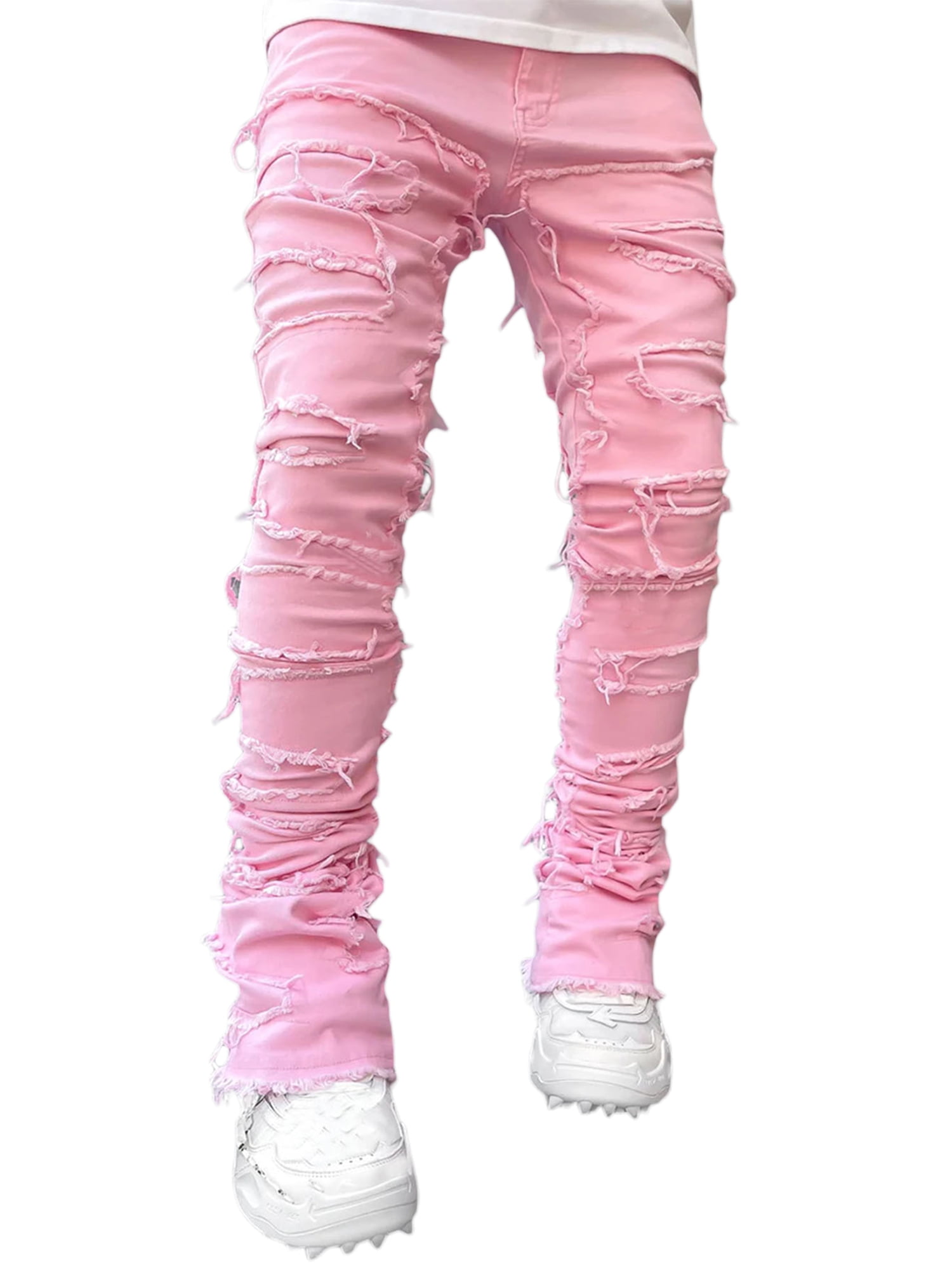 Men's Ripped Stacked Jeans Slim Fit Patch Distressed Destroyed Straight Leg  Denim Pants Streetwear
