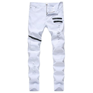 Men's Ripped Straight Leg Denim Pants Casual Solid Hip-hop Stretch Skinny Slim Fit Jeans Trousers with Zipper