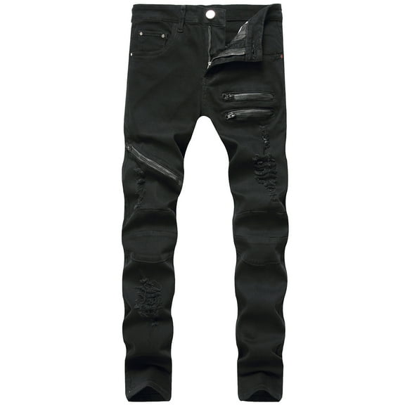 Men's Ripped Straight Leg Denim Pants Casual Solid Hip-hop Stretch Skinny Slim Fit Jeans Trousers with Zipper