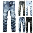 thumbnail image 1 of Men's Ripped Straight Leg Moto Jeans Hop Washed Jean Trousers Denim Distressed Slim Fit Denim Pants, Black, Size 32, 1 of 10