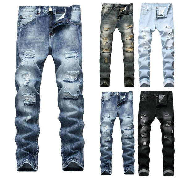 Men's Ripped Straight Leg Moto Jeans Hop Washed Jean Trousers Denim Distressed Slim Fit Denim Pants, Black, Size 34