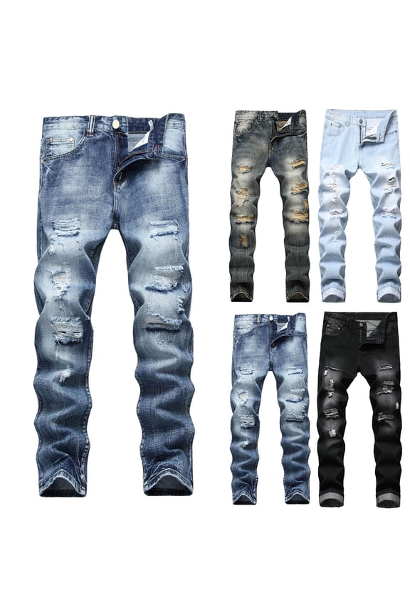 Men's Ripped Straight Leg Moto Jeans Hop Washed Jean Trousers Denim Distressed Slim Fit Denim Pants, Black, Size 40