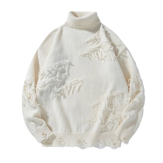Men's Ripped Sweater Male Long Sleeve Distressed High Neck Pullover Jumpers Beige Size L