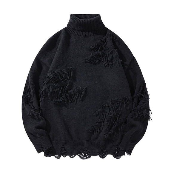 Men's Ripped Sweater Male Long Sleeve Distressed High Neck Pullover Jumpers Black Size XXL
