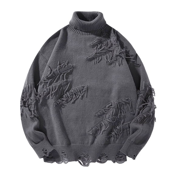 Men's Ripped Sweater Male Long Sleeve Distressed High Neck Pullover Jumpers Grey Size M
