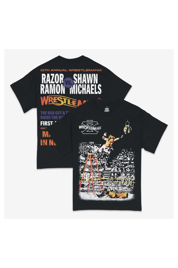 Men's Ripple Junction Black Razor Ramon vs. Shawn Michaels WrestleMania 10 Ladder Match Graphic T-Shirt