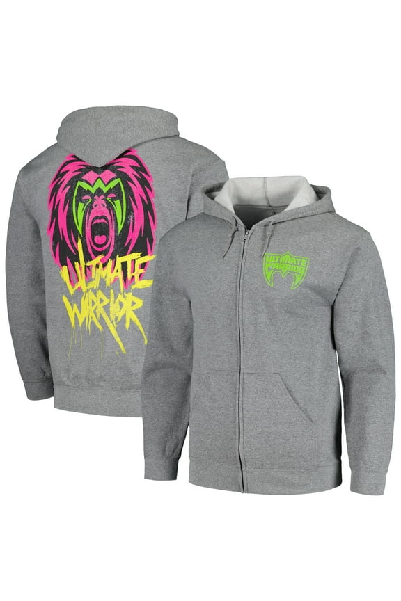 Men's Ripple Junction Heather Gray The Ultimate Warrior Mask Fleece Full-Zip Hoodie