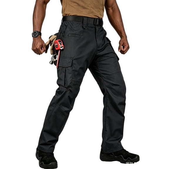 Men's Ripstop Work Cargo Pants, 8-Pocket Utility Hiking Trousers with Stretch Water-Resistant Fabric & Side Elastic Waist