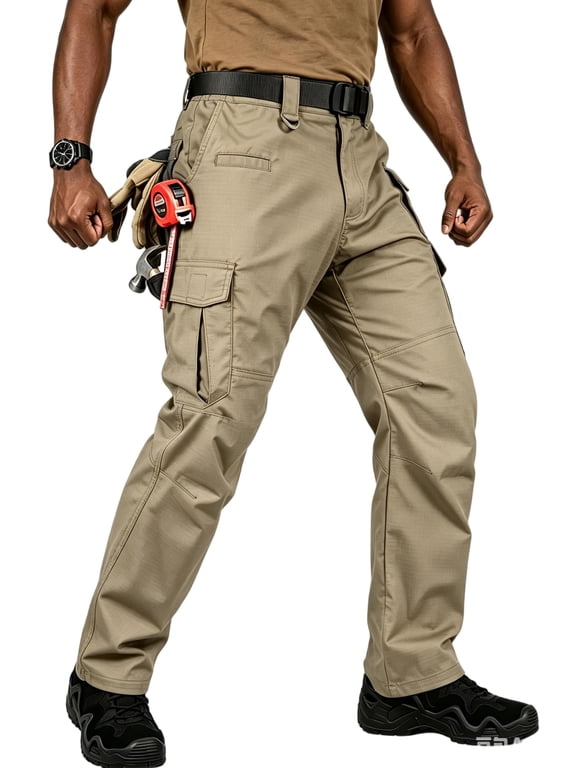 Men's Ripstop Work Cargo Pants, 8-Pocket Utility Hiking Trousers with Stretch Water-Resistant Fabric & Side Elastic Waist