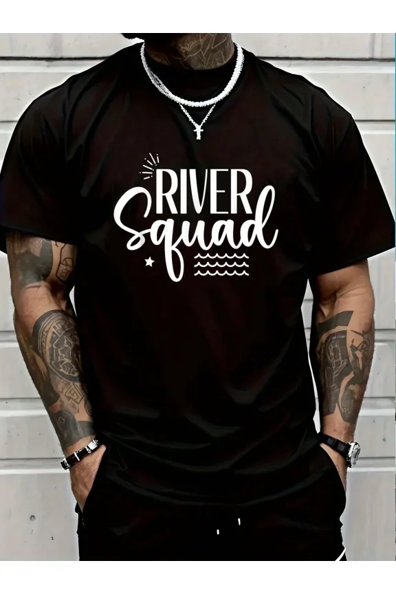 Men's River Squad Graphic T-Shirt, Black Short Sleeve Crew Neck Summer Outdoor Tee