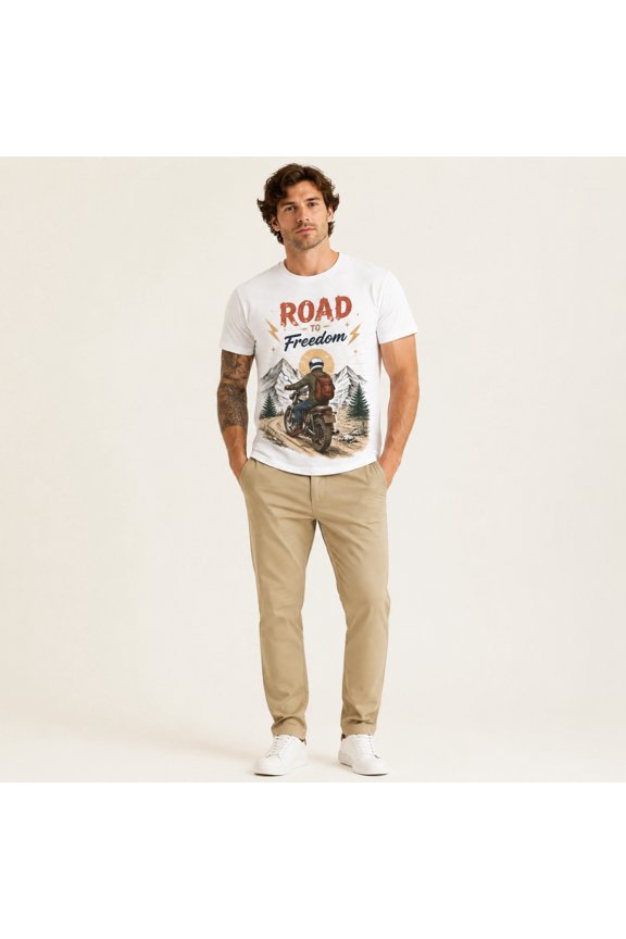 Men's Road to Freedom Motorcycle Graphic T-Shirt, White Short Sleeve Crew Neck Tee for Summer Outdoor Riding and Casual Wear