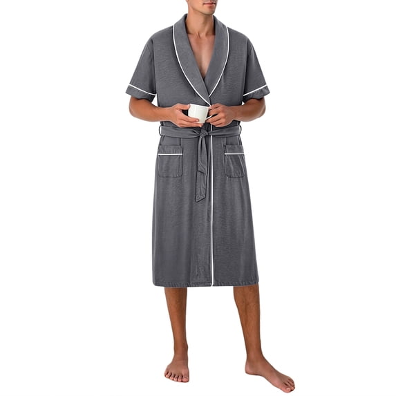 Men's Robe Belted Short Sleeve Bathrobe Lighteright Summer Soft Robe for Spa Sleep Bath Wear Dark Gray XL