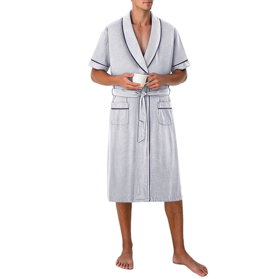 Men's Robe Belted Short Sleeve Bathrobe Lighteright Summer Soft Robe for Spa Sleep Bath Wear Gray 4XL