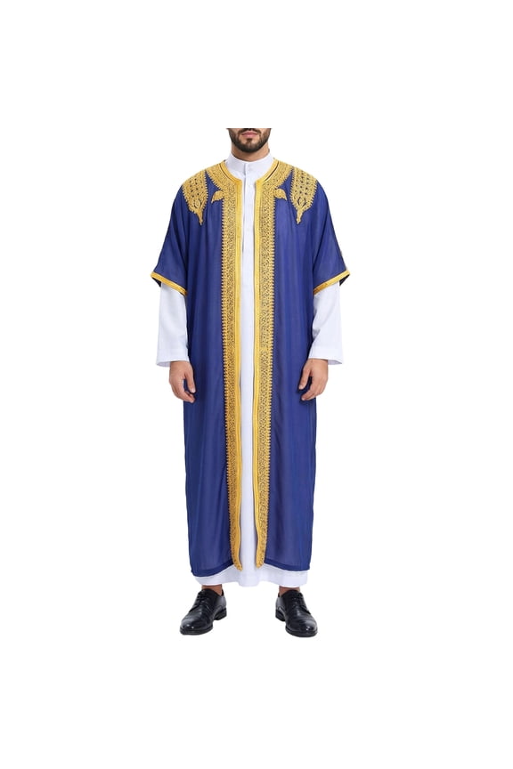 Men's Robe Muslim Clothes Kimono Loose Abaya Dresses 3/4 Sleeve Embroidered Chiffon Kaftan Casual formal Dubai Thobe Size M-2XL Navy