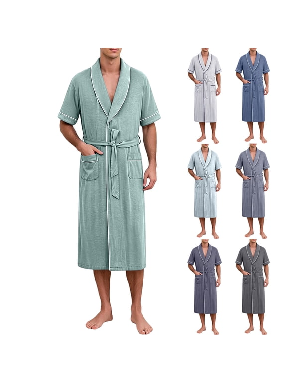 Men's Robe, Solid Collared Short Sleeve Bathrobe with Belt Closure and Pocket, Comfortable Sleepwear for Home Travel Lounge Wear | JASKFLY,Blue L