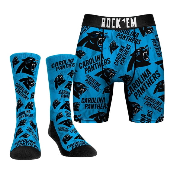 Men's Rock Em Carolina Panthers All-Over Logo Underwear and Crew Socks Combo Pack