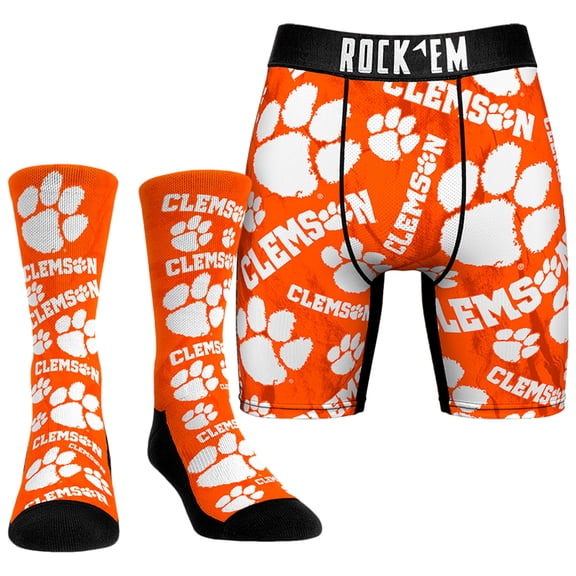 Men's Rock Em Socks Clemson Tigers All-Over Underwear and Crew Socks Combo Pack