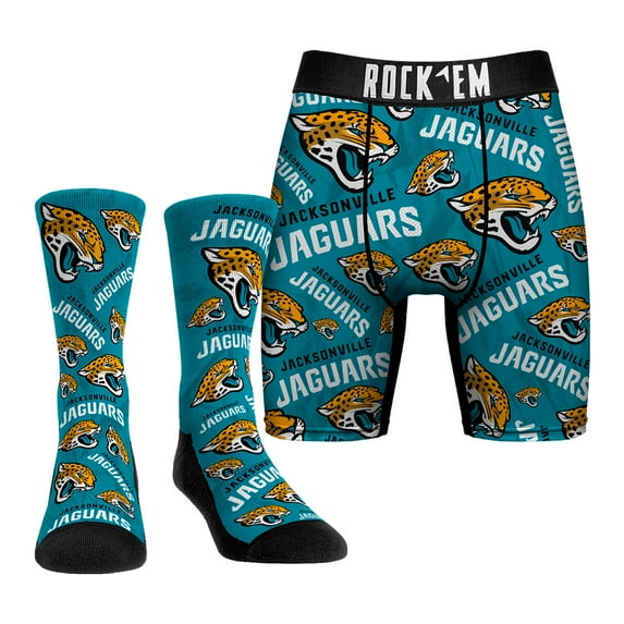 Men's Rock Em Socks Jacksonville Jaguars All-Over Logo Underwear and Crew Socks Combo Pack