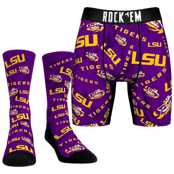 Men's Rock Em Socks LSU Tigers All-Over Underwear and Crew Socks Combo Pack