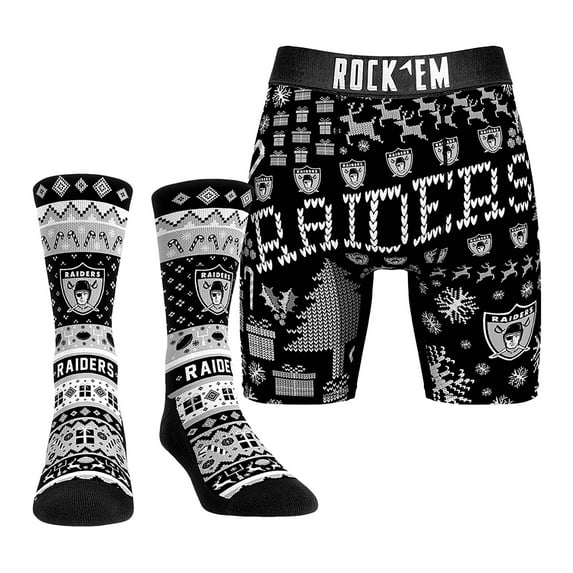 Men's Rock Em Socks Las Vegas Raiders Retro Throwback Holiday Tacky Sweater Underwear and Crew Socks Combo Pack