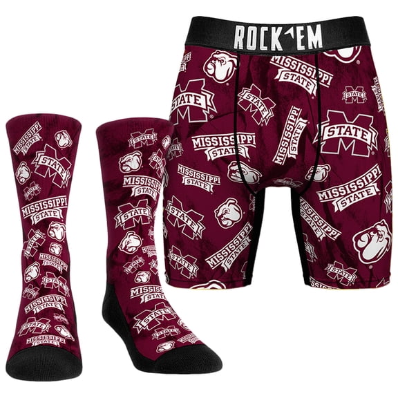 Men's Rock Em Socks Mississippi State Bulldogs All-Over Underwear and Crew Socks Combo Pack