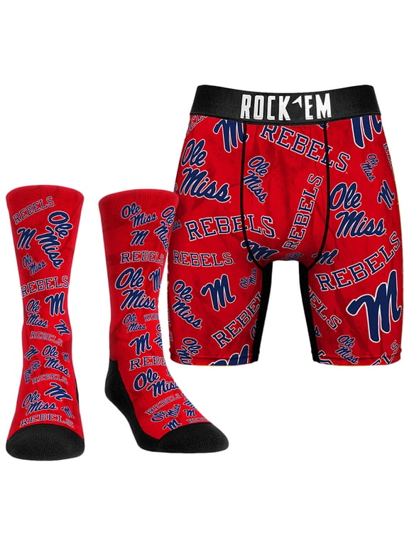 Men's Rock Em Socks Ole Miss Rebels All-Over Underwear and Crew Socks Combo Pack