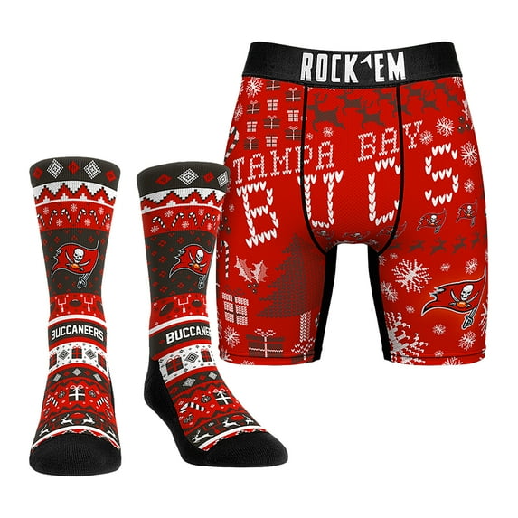 Men's Rock Em Socks Tampa Bay Buccaneers Holiday Tacky Sweater Underwear and Crew Socks Combo Pack