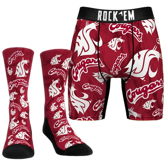 Men's Rock Em Socks Washington State Cougars All-Over Underwear and Crew Socks Combo Pack