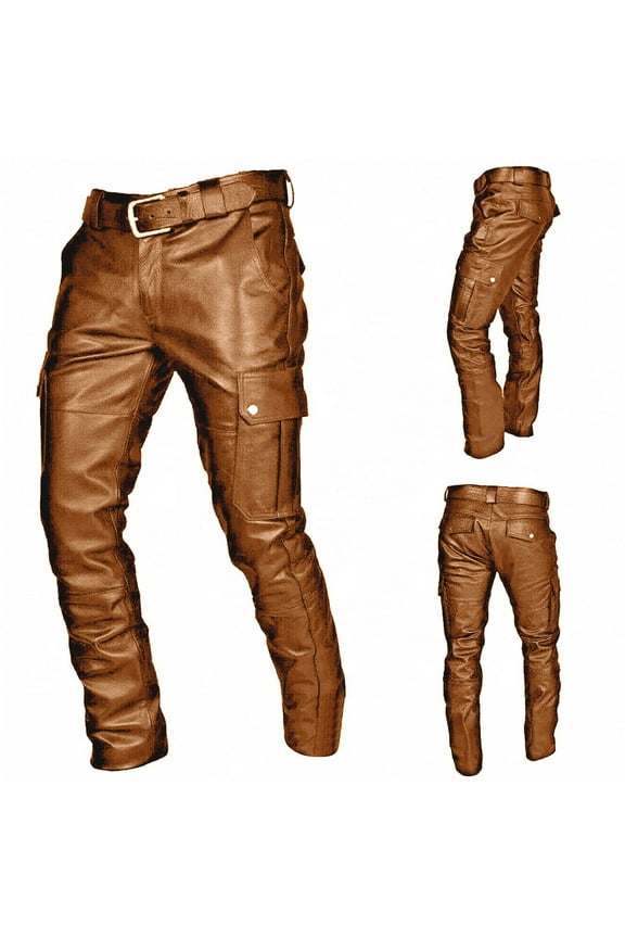 Men's Rock Punk Hip Hop Slim Fit Stretch Faux Leather Motocycle Pants Big and Tall Size 5XL Brown