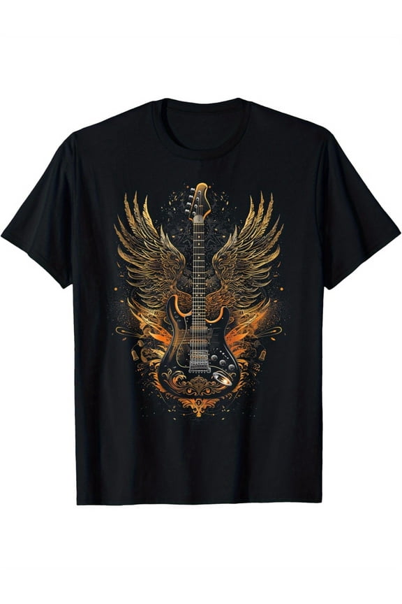 Men's Rock & Roll Wings Guitar Graphic T-Shirt - Bold Music Design, 100% Black Cotton, Casual Loose Fit, Machine Washable - Perfect for All Seasons