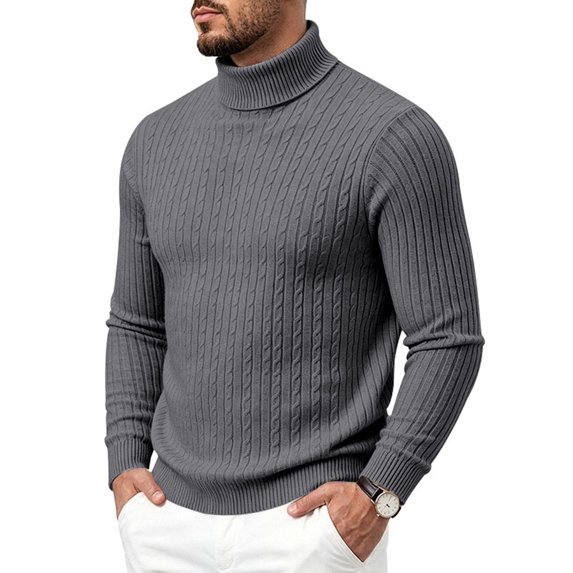 Men's Roll Neck Cable Knit Long Sleeve Slim Fit Sweater Dark Gray XL