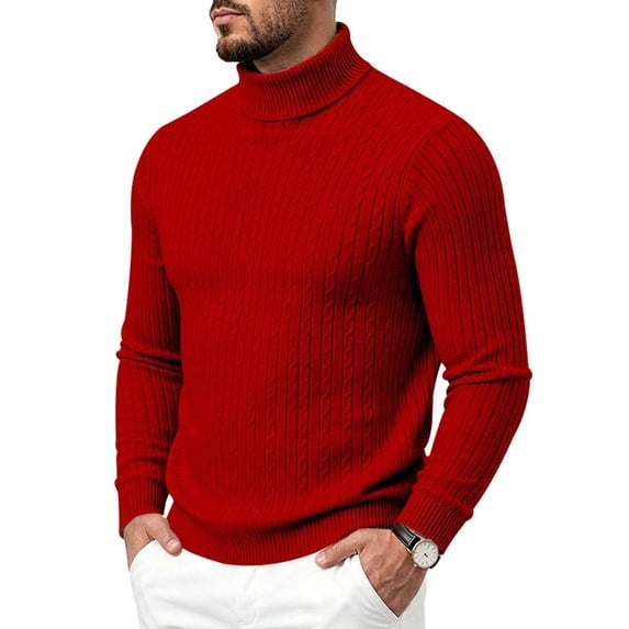 Men's Roll Neck Cable Knit Long Sleeve Slim Fit Sweater Red M