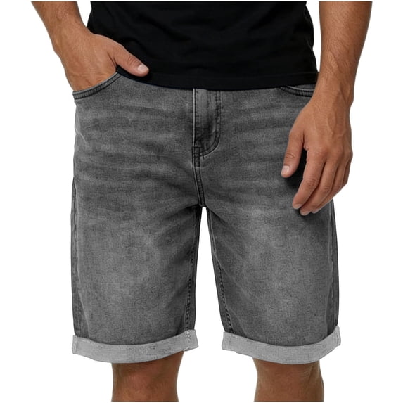 Men's Rolled Cuff Denim Shorts, Classic 5-Pocket Straight Leg 5-Inch Pants, Washed Cotton Blend for Casual Everyday Wear and Summer Activities Gray XL