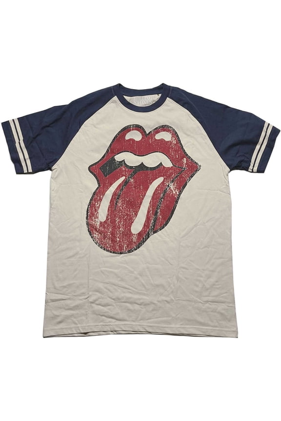 Men's Rolling Stones Lick Baseball Jersey Large Natural & Navy Blue