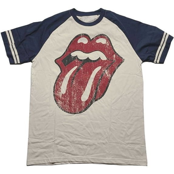 Men's Rolling Stones Lick Baseball Jersey Medium Natural & Navy Blue