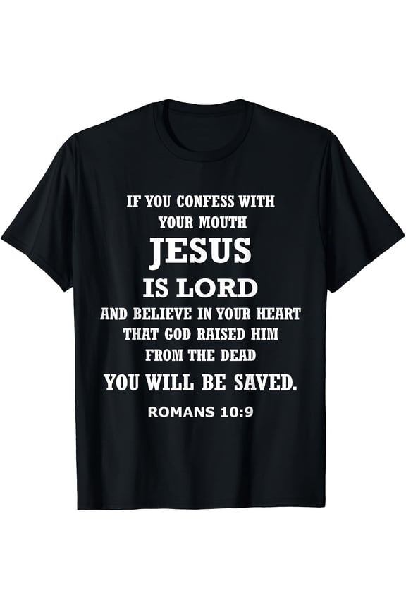 Men's Romans 10:9 Jesus is Lord Bible Verse T-Shirt - Christian Faith Apparel Crewneck Tee, Soft Breathable Cotton Shirt for Church, Gym, Casual Attire - Machine Washable Religious Gift for Men