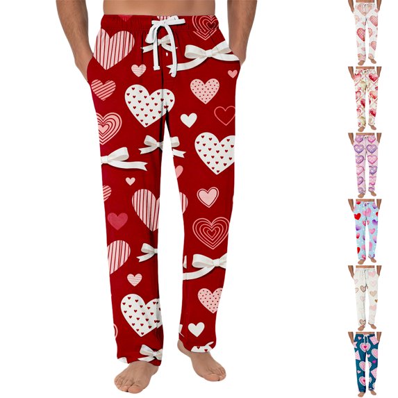 Men's Romantic Fashion Heart Print Pajama Pants, Drawstring Elastic Waist Lounge Trousers for Valentine's Day Gift and Home,Dark Blue,2XL