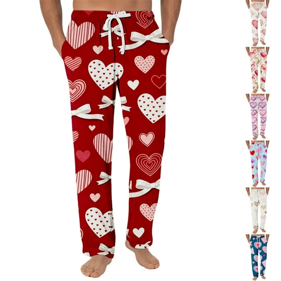 Men's Romantic Fashion Heart Print Pajama Pants, Drawstring Elastic Waist Lounge Trousers for Valentine's Day Gift and Home,Red,S