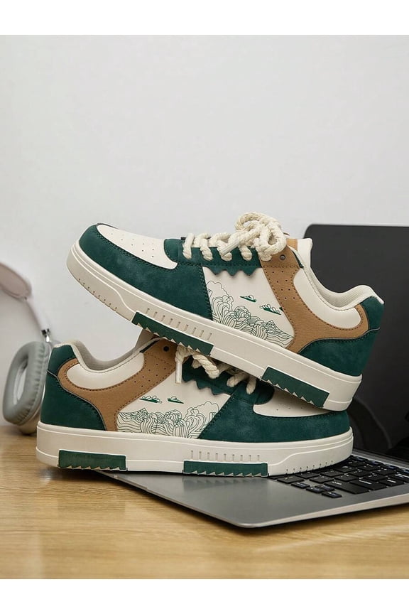 Men's Romantic New Contrast Color Stitching Low-Top Casual Sports Shoes, Fashionable Letter Pattern Design Thick-Soled Walking Shoes Student Flat Shoes