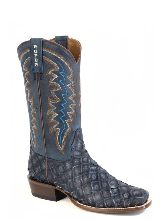 Men's Roper Big Fish Blue Pirarucu Fish Print Boots Handcrafted Blue