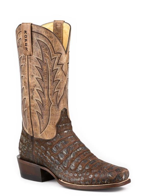 Men's Roper Big Old Croc Caiman Print Boots Handcrafted Brown