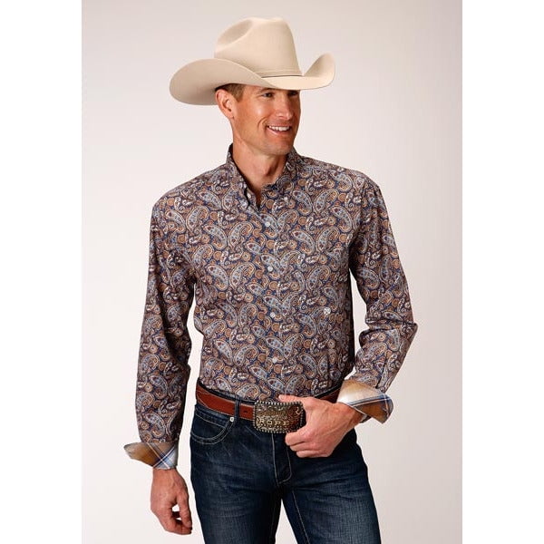 Men's Roper Indigo Paisley Button Down Western Shirt - Blue 