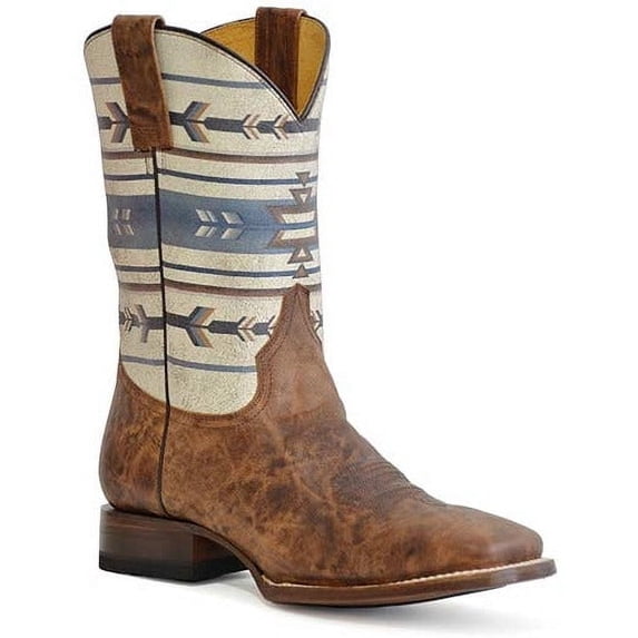 Men's Roper Cowboy Aztek Leather Boots Handcrafted Tan