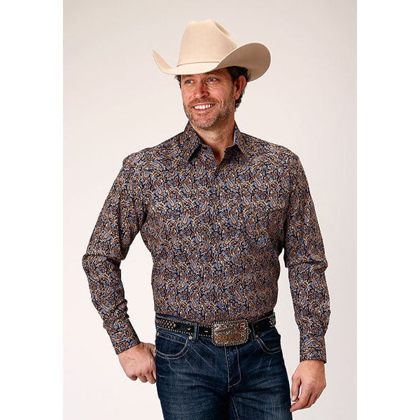 Men's Roper Vintage Paisley Snap Front Western Shirt - Blue - Walmart.com