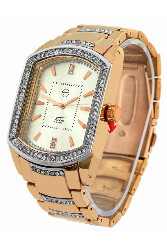 Mens Rose Gold Tone Ice-Out Business & Clubbing Watch 36mm Case, CZ Bezel