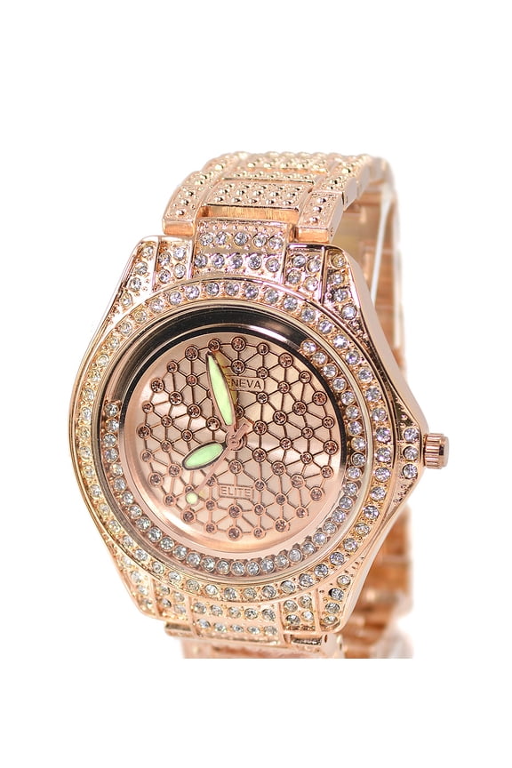 Mens Rose Gold-Tone Iced-Out Clubbing Watch  61mm CZ Bezel, Textured Link Bracelet