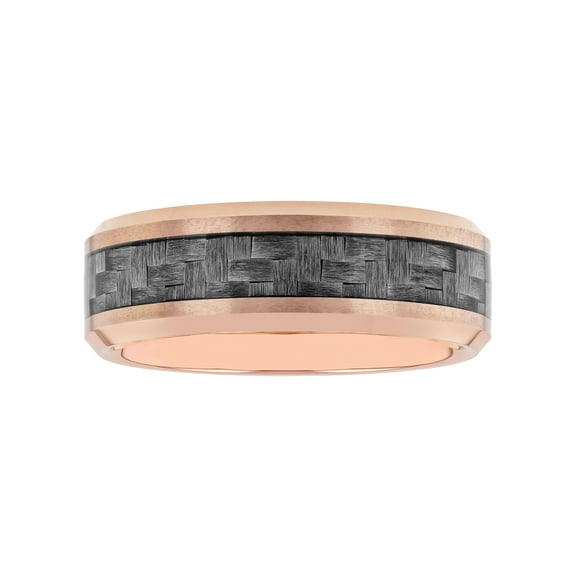 Men's Rose-Tone Tungsten with Carbon Fiber Inlay Beveled Wedding Ring - Wedding Band