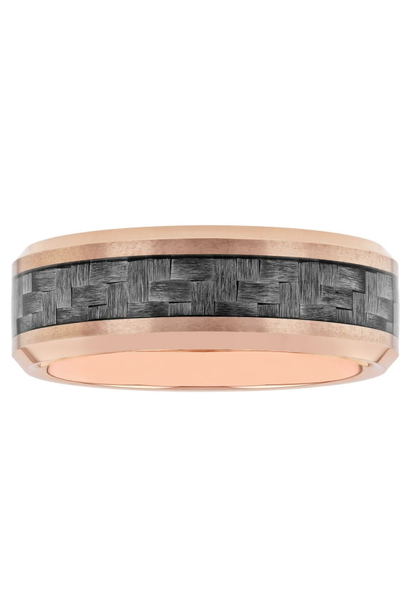 Men's Rose-Tone Tungsten with Carbon Fiber Inlay Beveled Wedding Ring - Wedding Band