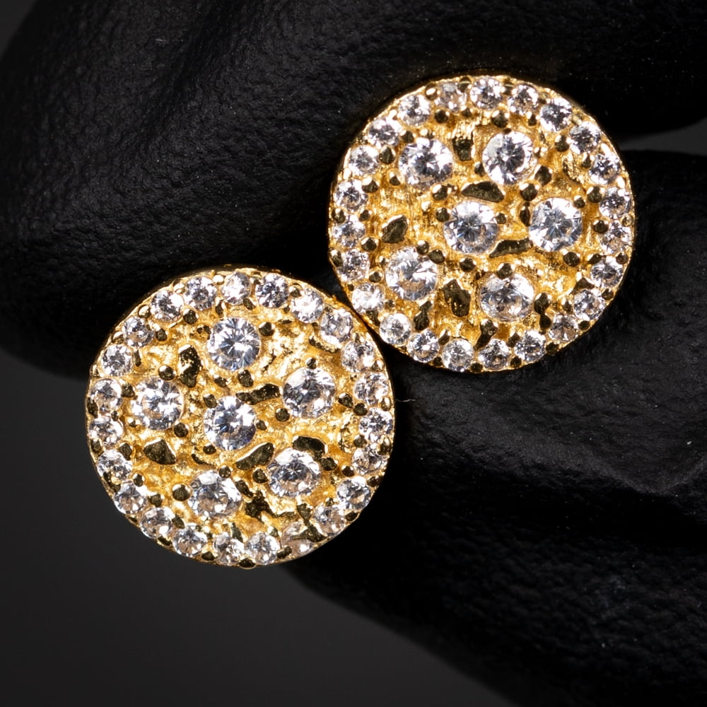 Men’s Round 14K Yellow Gold Plated 925 Sterling Silver Screw Back Post Circle Retro 90's Cz Hip Hop Solid Gold Nugget Stud Earrings