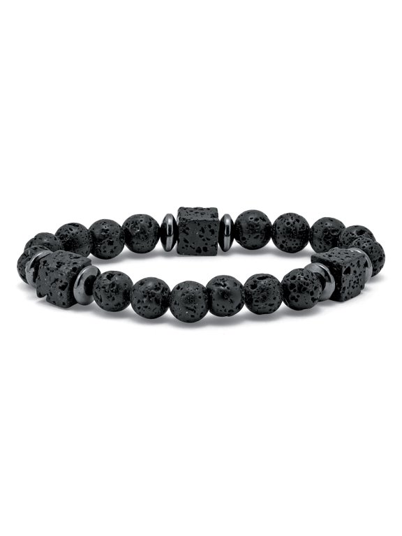 Men's Round Black Lava and Hematite Silvertone Stretch Bracelet 9-inch